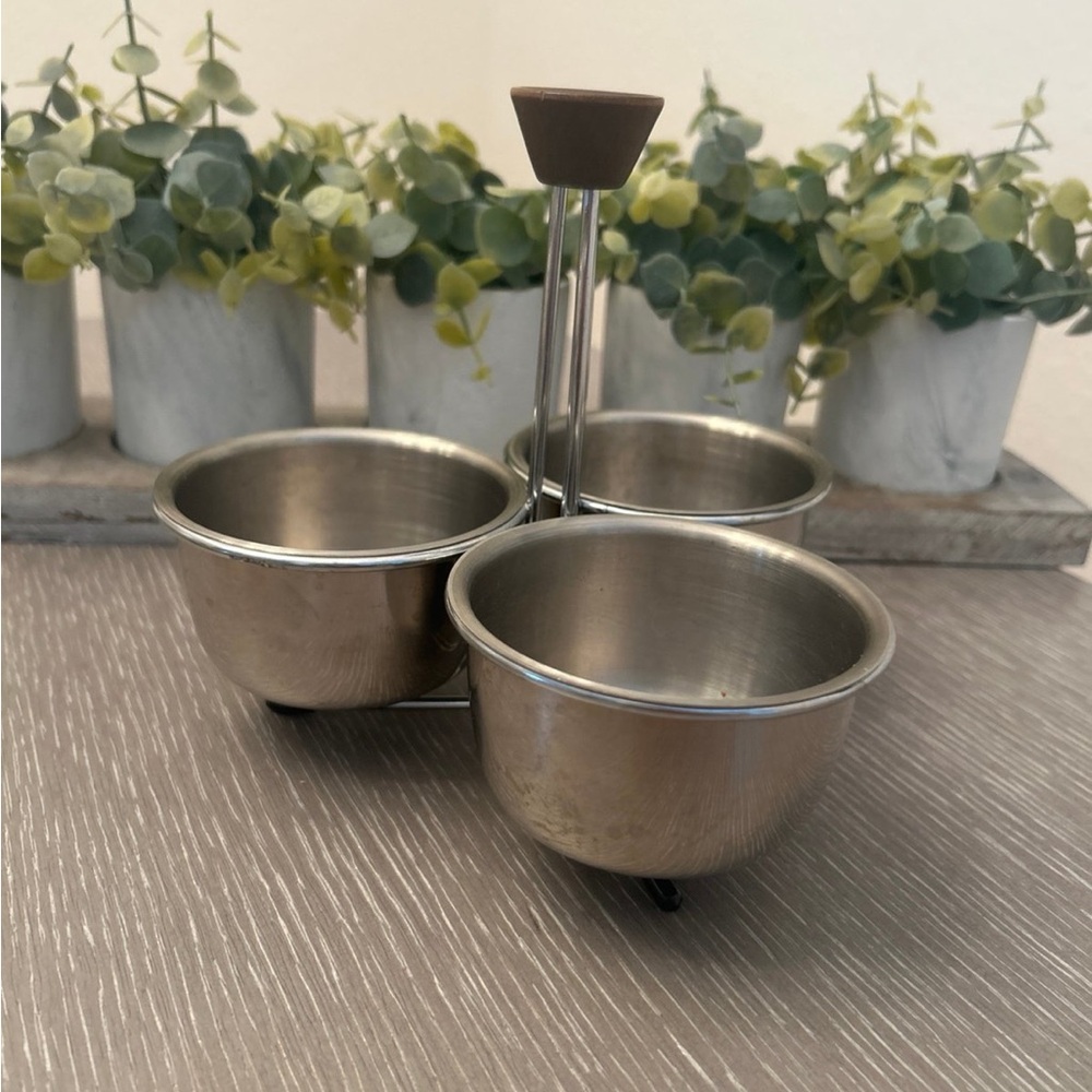 Mid- Century‎ Atomic Wood Handle Condiment Server 3 Bowls Stainless Rare